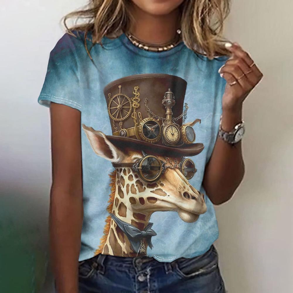 Vintage Cartoon Yak Print Tees Ladies Short Sleeve T Shirt 2025 Summer Casual Daily
