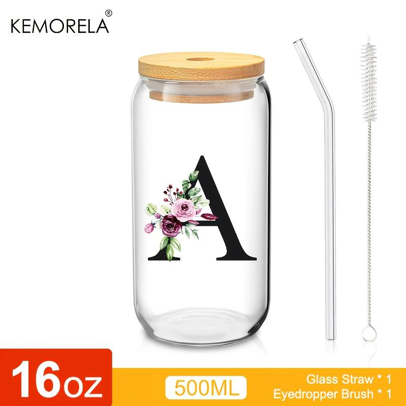 1 STÜCK 24 Buchstaben Glas Trinkbecher mit Bambusdeckel Strohhalm Individuelle Eiskaffeetasse 470ML Klares Mason Jar Bier Smoothie Cocktail