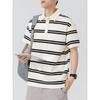Polo Homme Rayé Beige Noir Manches Courtes Coupe Ample Décontracté Mélange de Coton Top d'Été