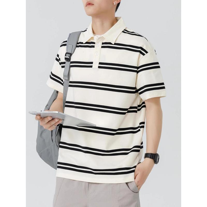 Men Beige Black Striped Short Sleeve Polo Shirt Loose Casual Cotton Blend Summer Top