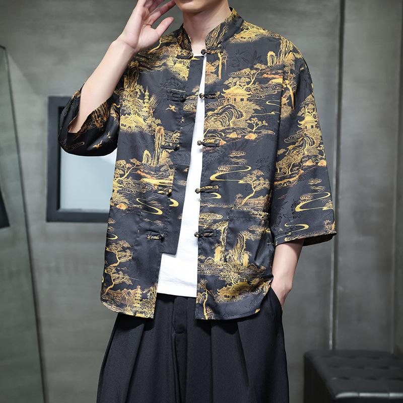 Chinese style ice silk seven-quarter-sleeved shirt men's Tang suit buckle Hanfu large size printed short-sleeved shirt ethnic style