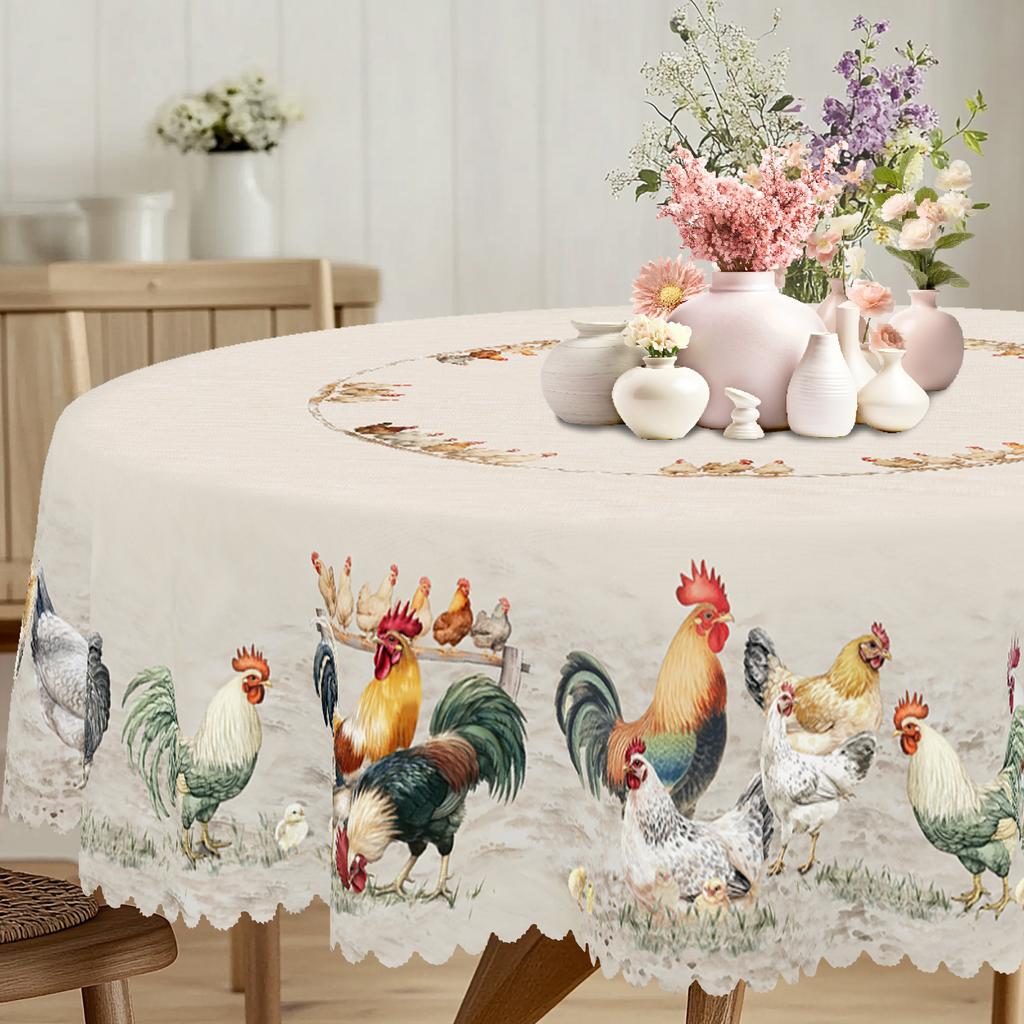 1 Stück Retro Bauernhof Hahn, Henne und Küken Muster Tischdecke, Bauernhaus Stil Frühlings- und Sommerdekoration, Polyester Maschinenwaschbare Tischdecke,