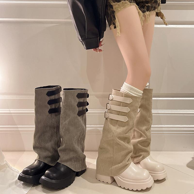 Fashion Medium Heel High Boots Fashion Round Toe Sleeve Belt Buckle Platform Anti-Slip Wear-Resistant Fashion Boots