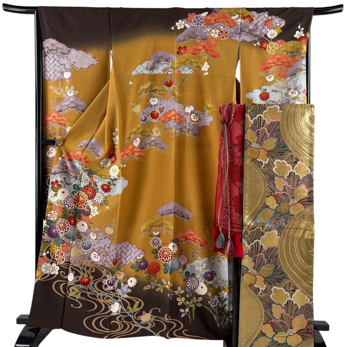 

[Good condition] Furisode, length 163.5cm, sleeve length 67.5cm, L sleeve, full set of obi, chrysanthemum, flowing water, gold thread, gold color,