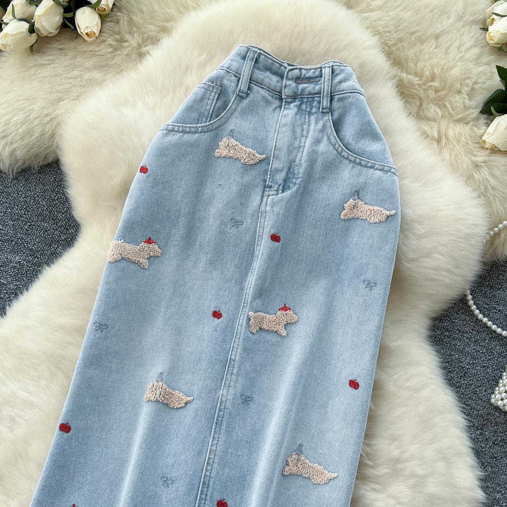 Léto Podzim Dámská Ležérní Výšivka Pes Vysoký Pas Dlouhá Midi Tužková Džínová Sukně