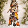 Women Plus Size V Neck Cold Shoulder Short Sleeve Halloween Llama Printed A Line Long Dress