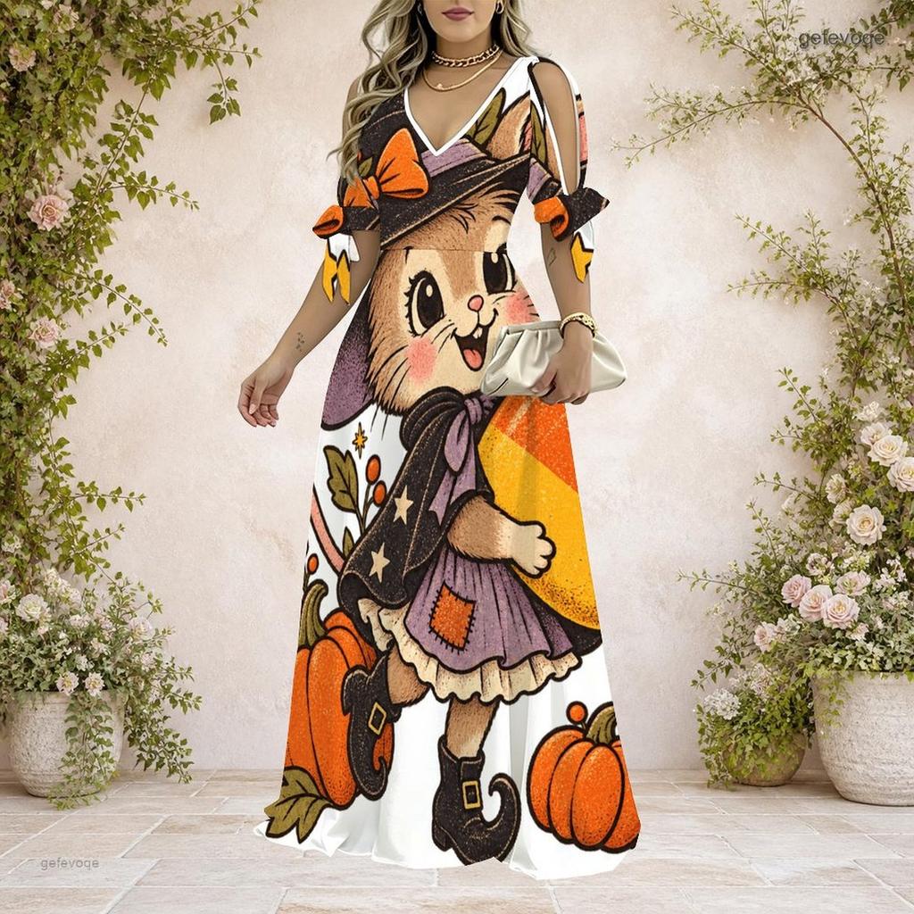 Women Plus Size V Neck Cold Shoulder Short Sleeve Halloween Llama Printed A Line Long Dress