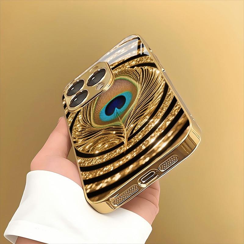 Luxury Peacock Feather Pattern Gold Metallic Paint Glass Phone Case For iPhone 17 16 15 14 13 12 11 Pro Max Plus 17Air 16E Cover