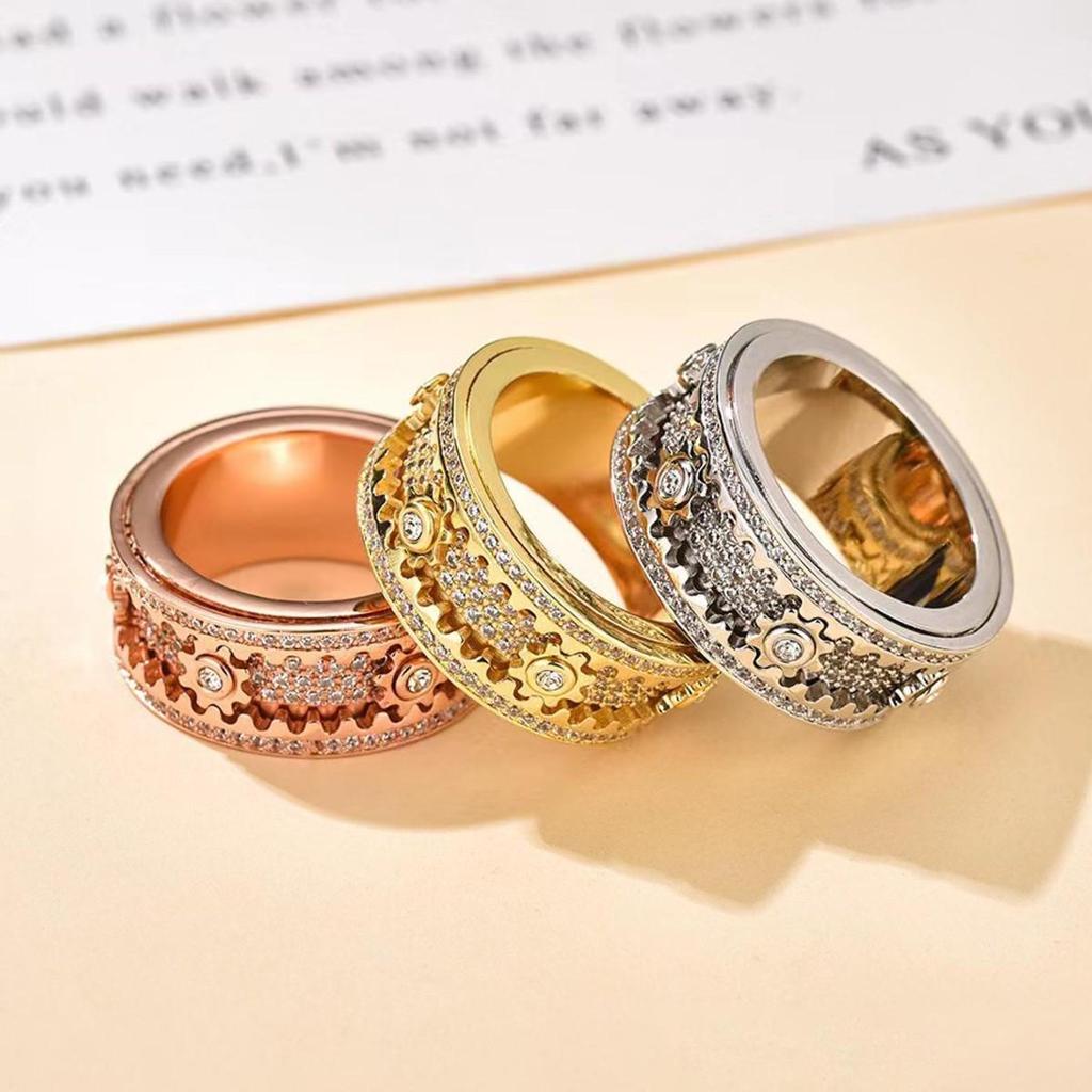 Trendy Full Diamond Rotation Gear Ring: Versatile & Popular with a Mechanical Vibe, Perfect for Decompression & Personal Expression
