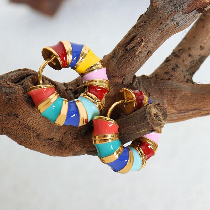 Vintage Colorful Enamel Small Hoop Earrings for Women Luxury Rainbow Oil-drop Earrings Wedding Party Jewelry Gift