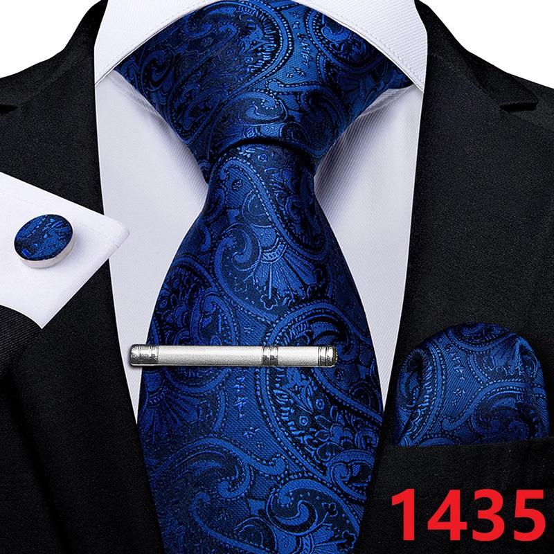 Luxury Blue Paisley Silk Tie Set For Men Floral Men's Wedding Neck Tie Pocket Square Cufflinks Tie Clips Men's Gift