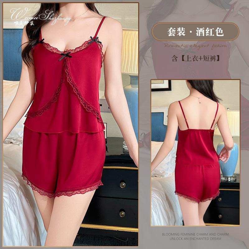 Beautiful yarn ice silk set deep V sexy lace suspender shorts two-piece set sweet suit set