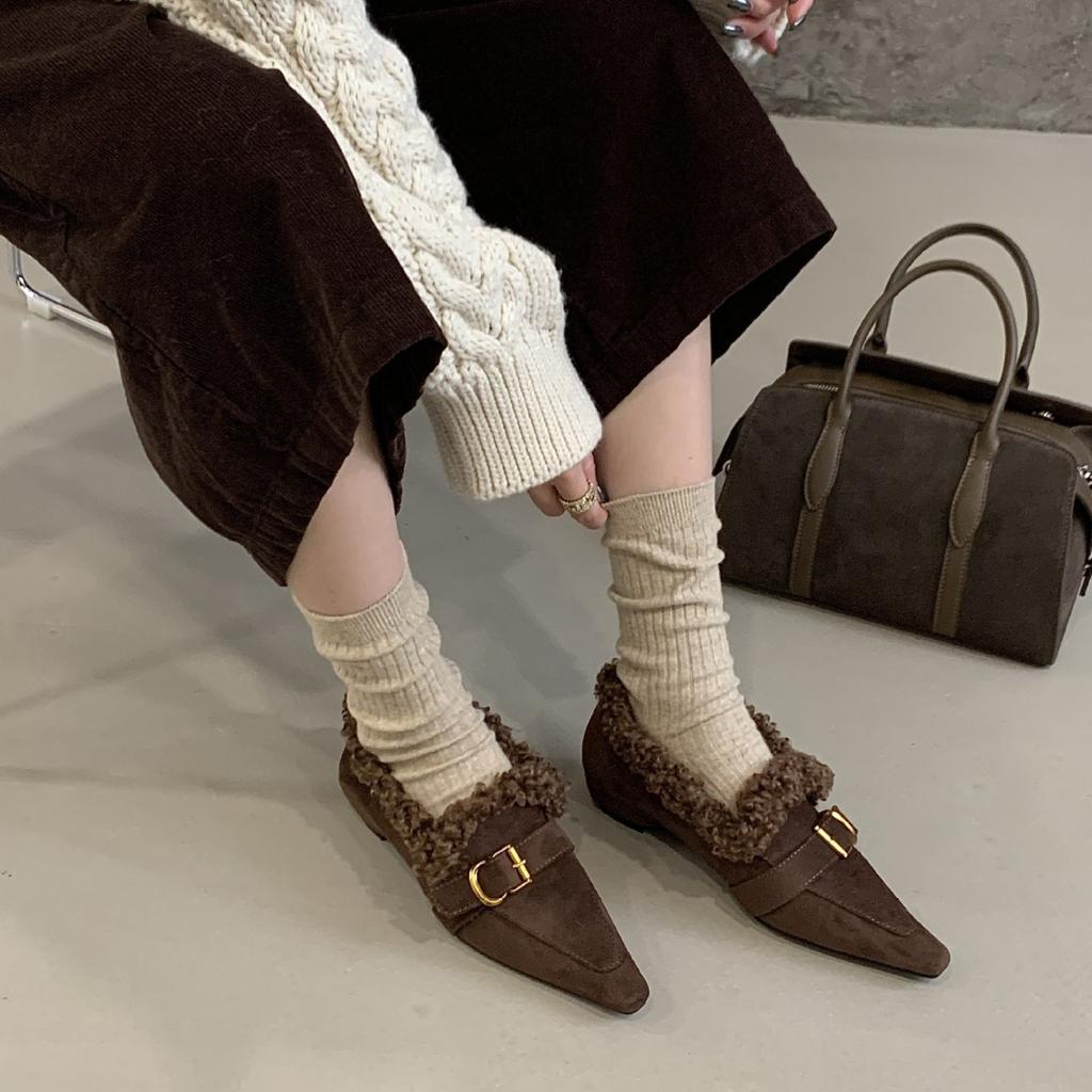 2025 Autumn and Winter Plush Shoes Women's Winter Pointed Head Inner Height Mary Jane Shoes Small Leather Shoes Loafers Women's Single Shoes Tide