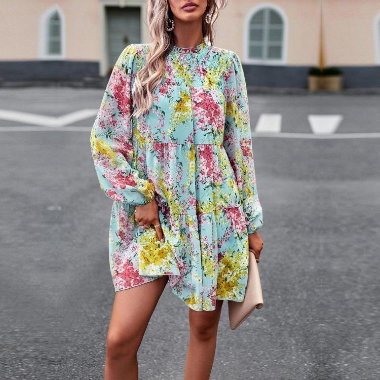 Women Floral Printed Casual Loose Fit Dress Long Sleeve Short O Neck All Match
