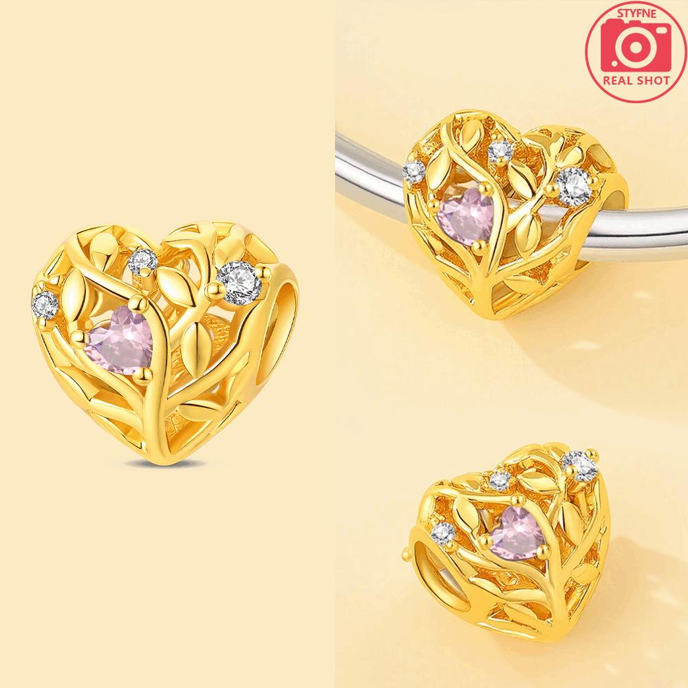925 Silver Gold Heart-shaped Tree of Life Charms Pink Zircon Bead Fit Bracelet Necklace Jewelry Accessory DIY Fine Gift
