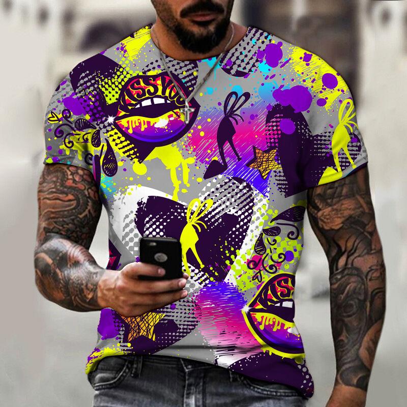 3D digital printed short sleeved T-shirt casual slim fit men's round neck top comfortable streetwear