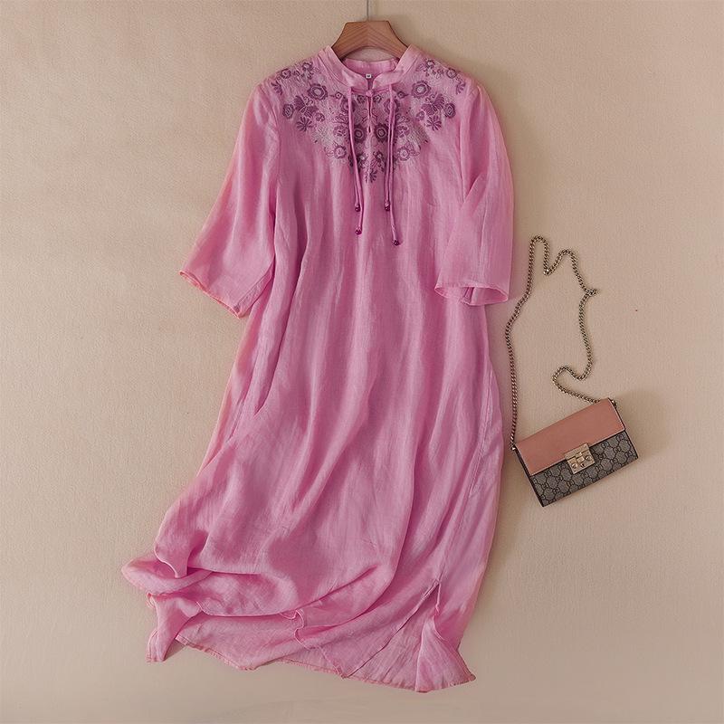 2026 Summer Chinese Style Mid-Length Ramie Printed Dress - Loose Fit Casual Skirt XL