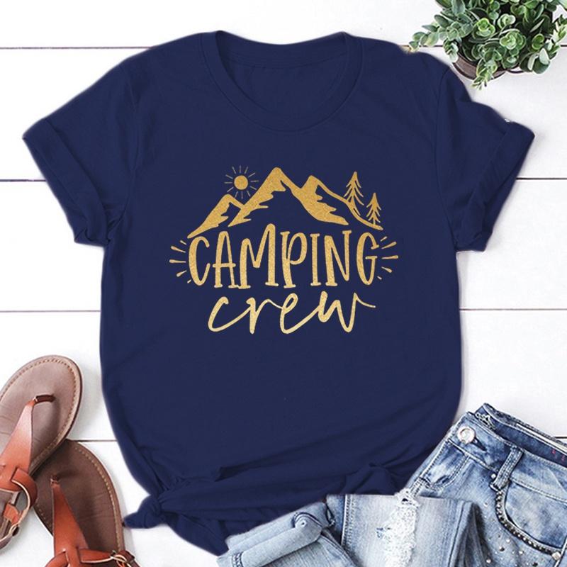 Funny Camping Crew Print T-Shirt Summer Camper T Shirt Women Men Short Sleeve Loose Shirts