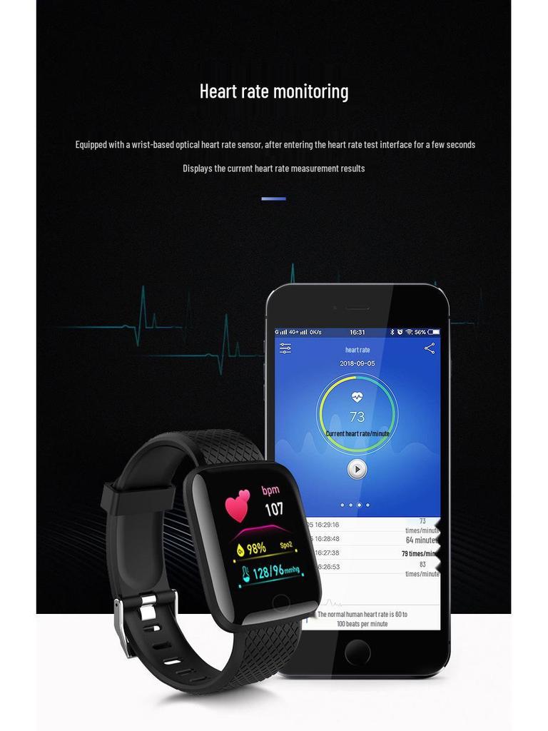 116Plus D13 Smart Sports Bracelet with Color Screen, Step Counter, Bluetooth Alerts, Heart Rate & Blood Pressure Monitor.