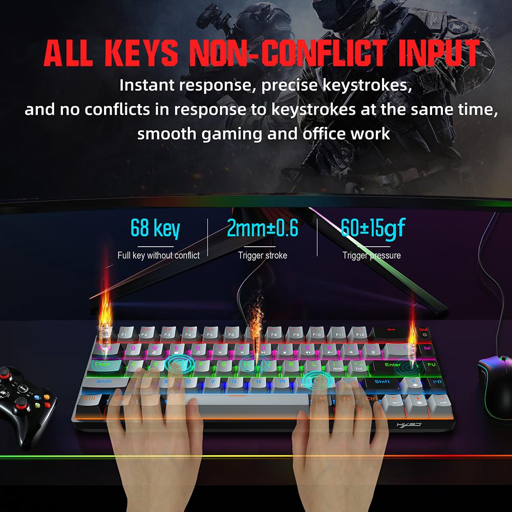 HXSJ V800 Kabelgebundene mechanische Tastatur 68 Tasten RGB-Gaming-Tastatur mit abnehmbarem Typ-C-Kabel ABS