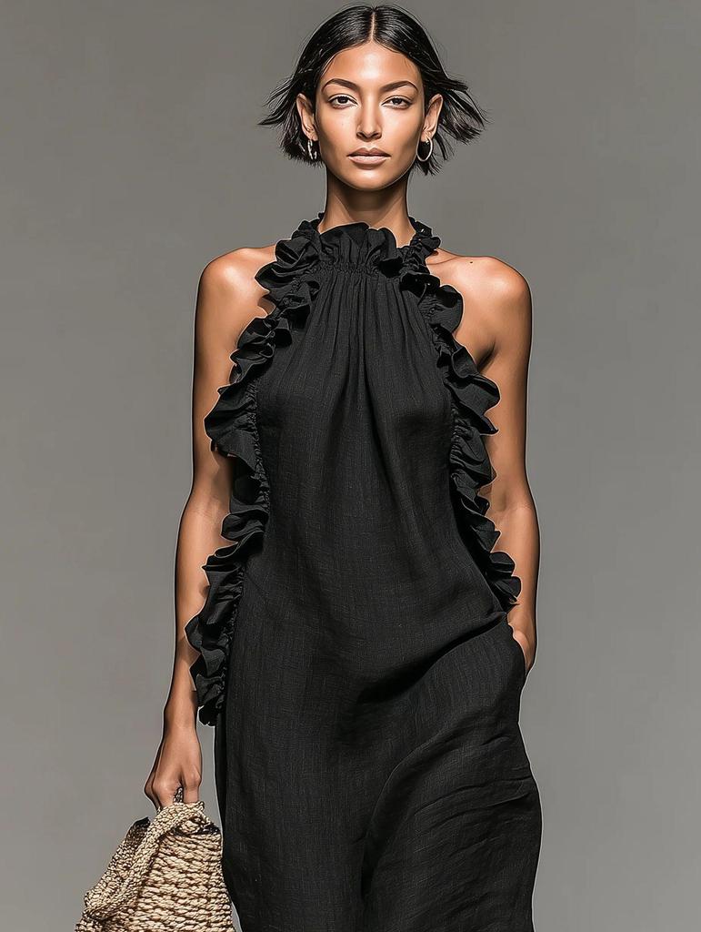 European Resort Ruffle Halter Sleeveless Long Summer Dress - Women's Slimming Style