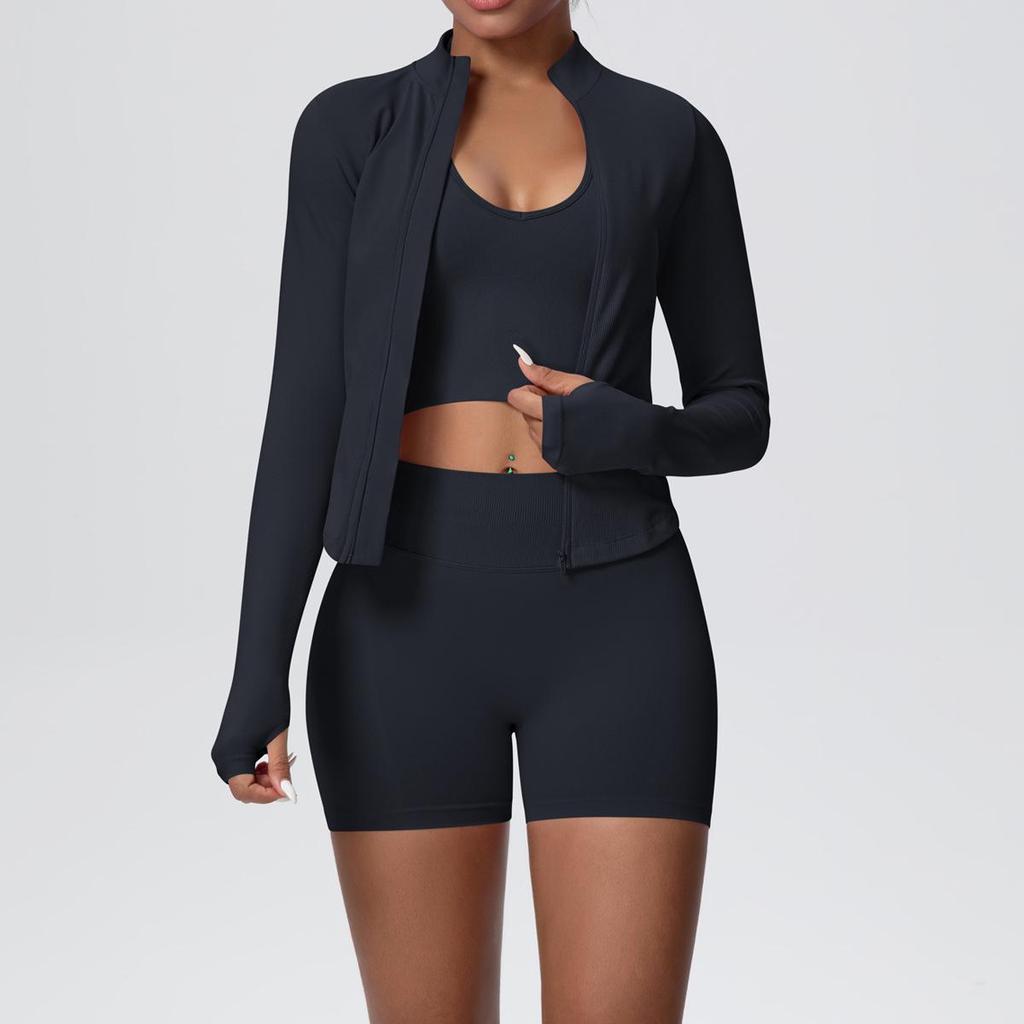 Women's European & American Sports Casual Three-Piece Set: Knitted Long Sleeve Zipper Jacket, Sports Vest, & Shorts Fitness Wear.