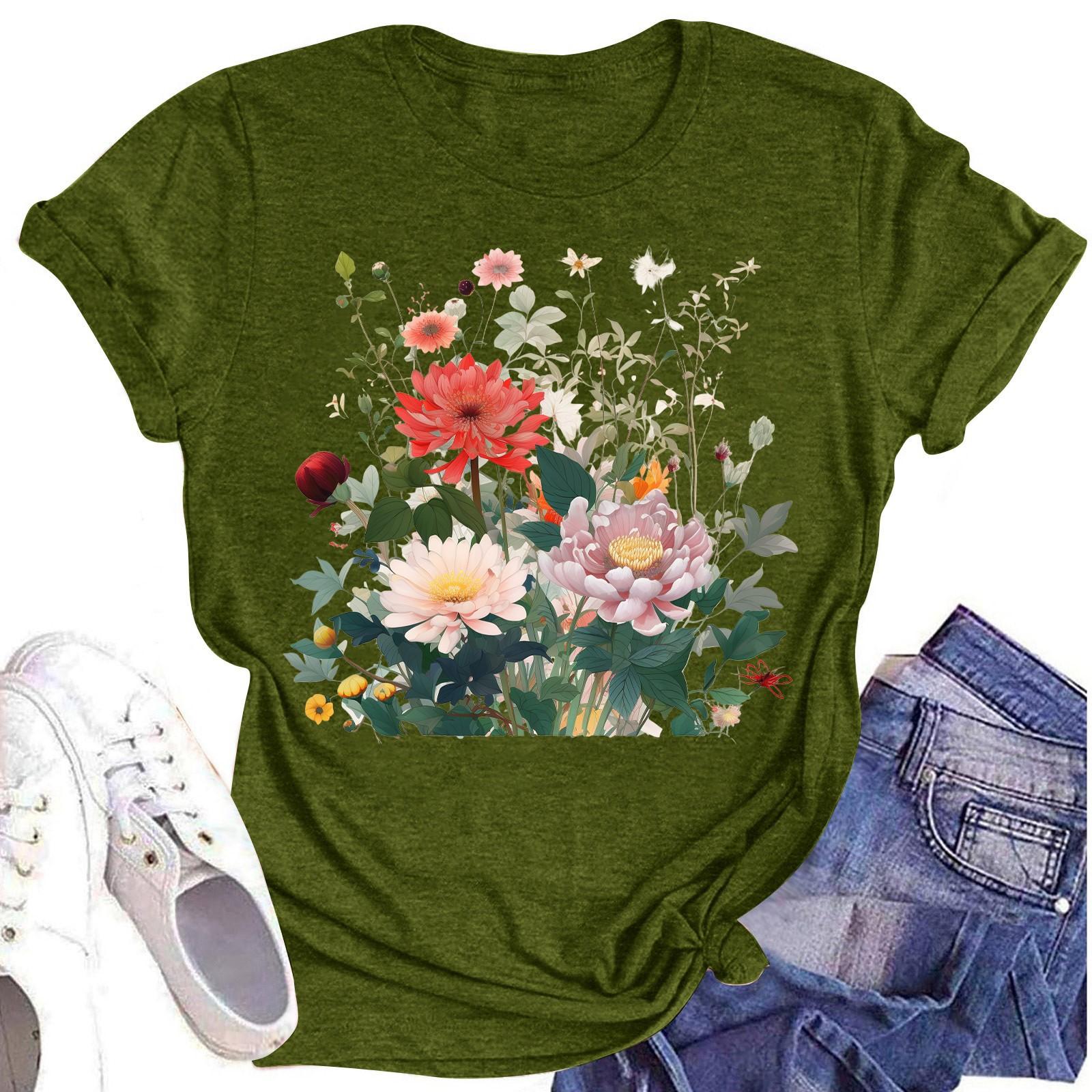 

Женская повседневная футболка с круглым вырезом и цветочным принтом, короткий рукав L армия зеленый