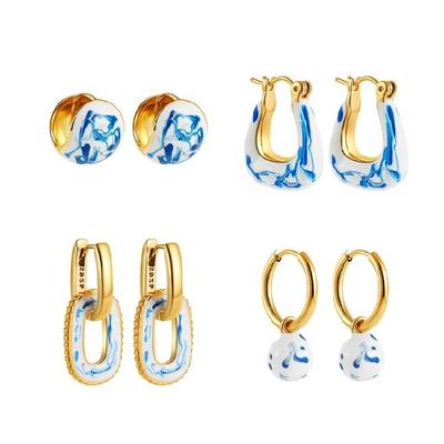 Classical Chinese Porcelain Ear Cuff Elegant Blue Pattern Copper Base Jewelry For Women Sophisticated Daily Use