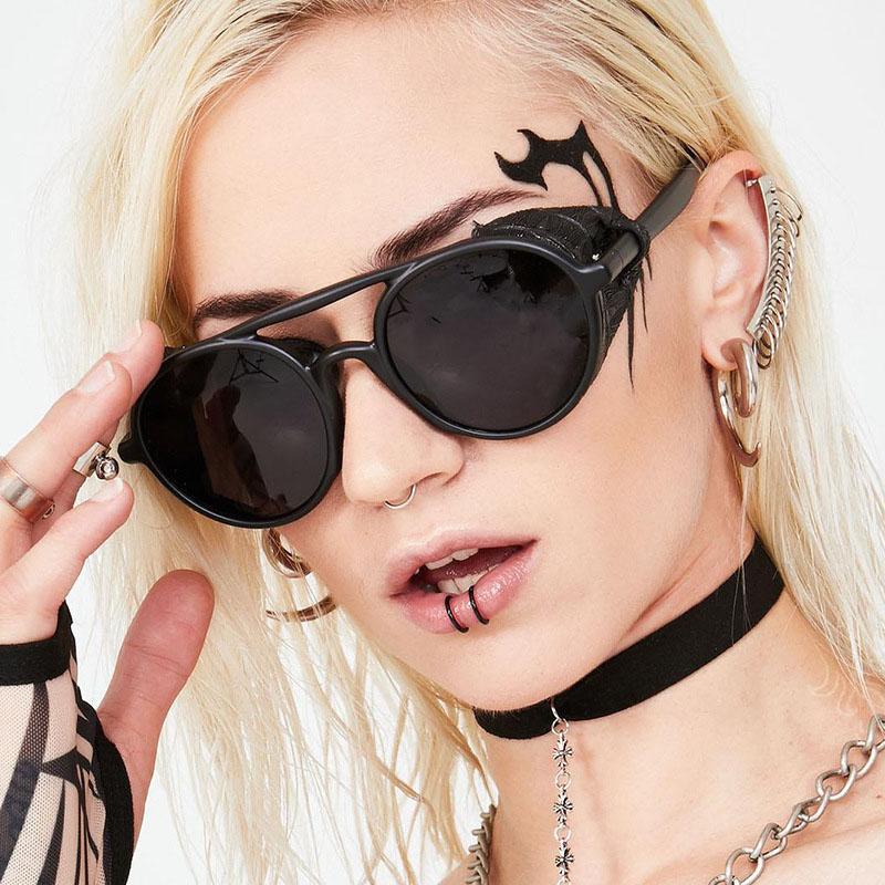 Classic Brand Design Fashion Round Steampunk Sunglasses Men Women Vintage Punk Leather Wrap Sun Glasses For Male Retro Goggle