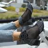 Fish Mouth Sandals Summer Round Toe Open Toe Paneled Mesh Rhinestone Floral Zip Block Heel