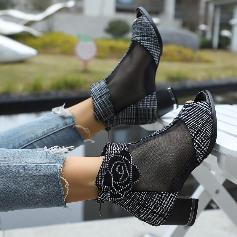 Fish Mouth Sandals Summer Round Toe Open Toe Paneled Mesh Rhinestone Floral Zip Block Heel