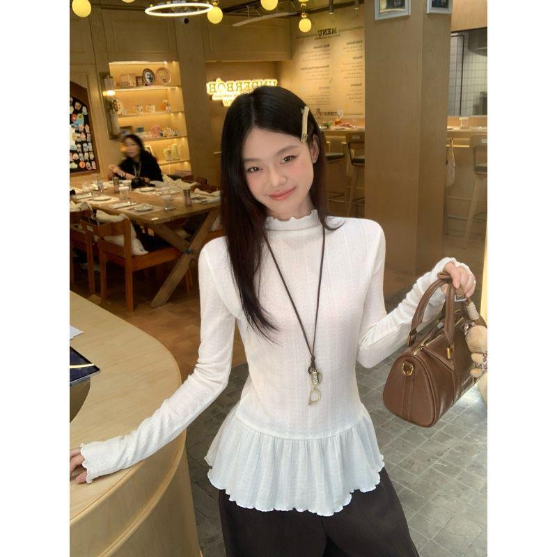 Women s Korean Sweet Style High-Neck Ruffle Long Sleeve Slim-Fit Autumn Top L белый