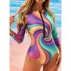 Women Long Sleeve One Piece Swimsuit Zip Front Floral Fluid Print Rash Guard Surfing Bathing Suit