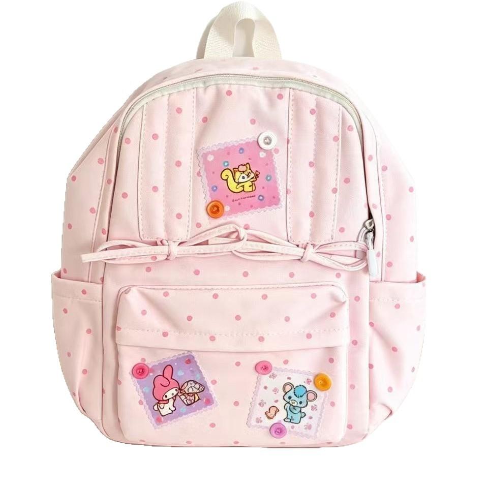 Schoolbag Cute Cartoon Patch Polka Dot Backpack Sweet Fashion Student Large Capacity Lightweight School Bag Leisure Travel Backpack