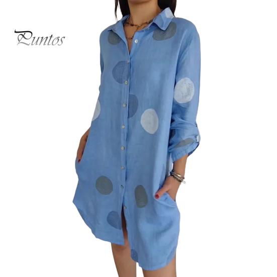 

Женское платье-рубашка с лацканами, длинный рукав, однобортное, повседневное, рубашка с круглым принтом, свободного кроя, рабочее, вечернее платье L королевский синий