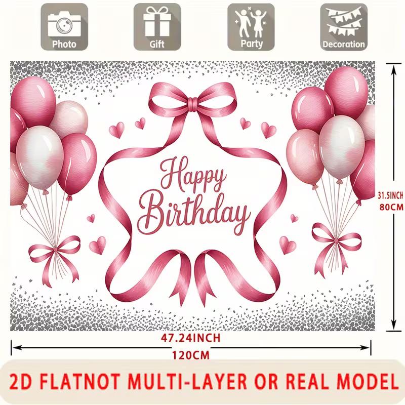 2D Pink Balloon Happy Birthday Backdrop with Hearts and Ribbons Party Banner
