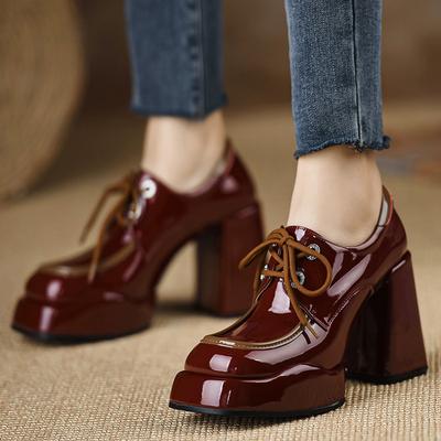 Mode Retro Burgunder Lackleder Plateaupumps Damenmode Schnürung Dicke Ferse Designerschuhe Elegant Pendler Büro Freizeitschuh