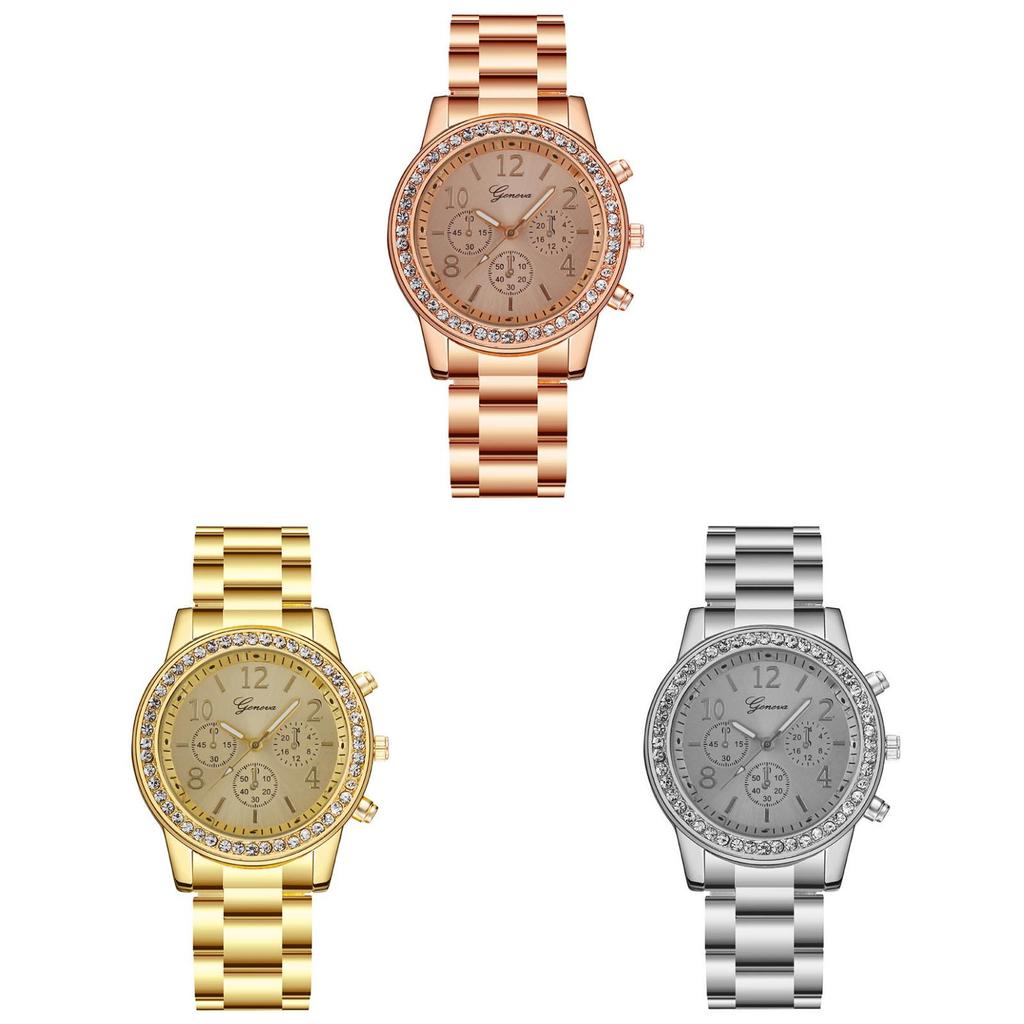 Womens Stylish Diamond Embellished Round Steel Wristwatch With 24h Indicator And Quartz Movement