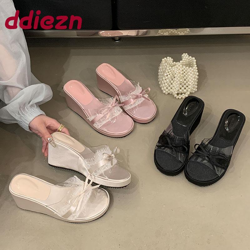 Fashion Fashion Butterfly-Knot Women Wedges Slippers Shoes Female Slides Sandals Round Toe Ladies Heeled Slippers Wedges Shoes Pumps