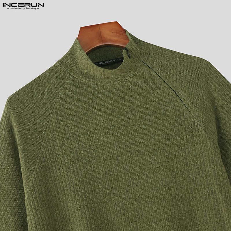 INCERUN Men High Neck Short Sleeve Casual Rib Fitted Tops T-shirts