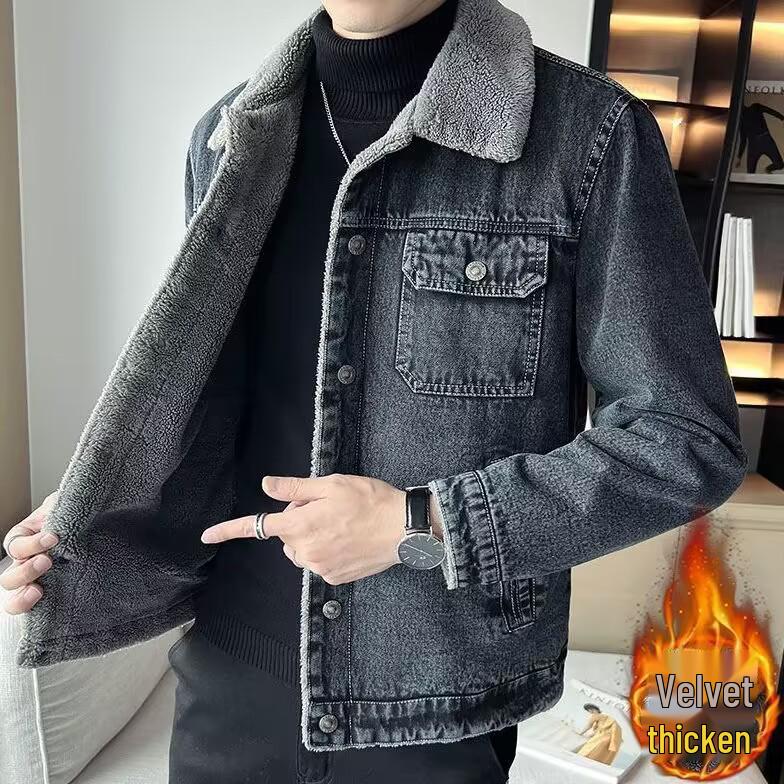 

Men’s Slim Fit Denim Jacket with Fleece Lining - 2025 Winter Style, Korean Version, Thick Lamb’s Wool, Turn-Down Collar 3XL сірий колір