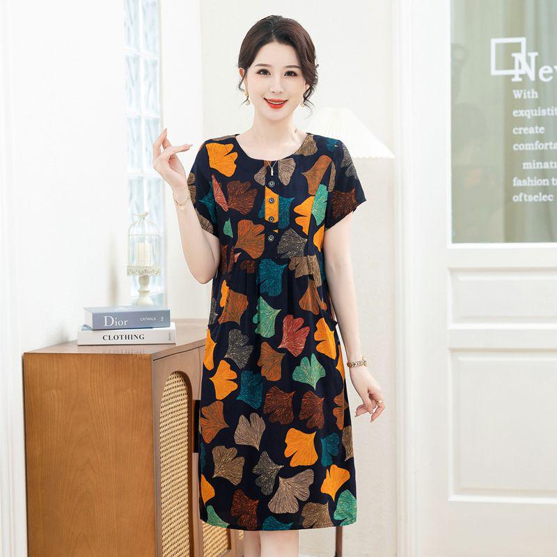 Summer Cotton Silk Dress for Middle-Aged & Elderly Women - Plus Size, Mid-Length, Short Sleeve, Loose Fit for 50s & 60s Mothers