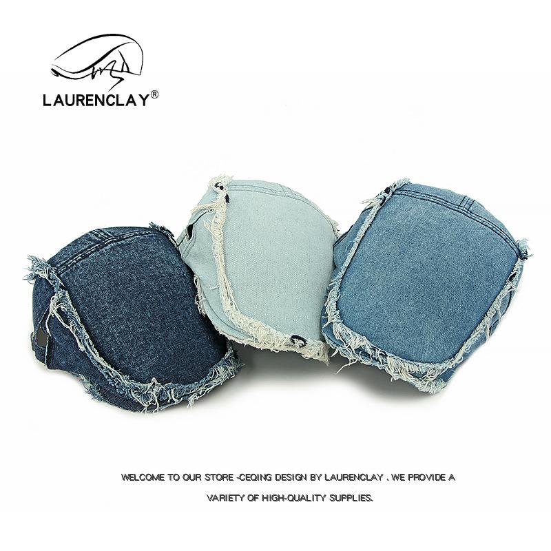

Personalized design Rough edge washed denim beret female British retro forward hat showing face small cap tide Adjustable світло-синій колір