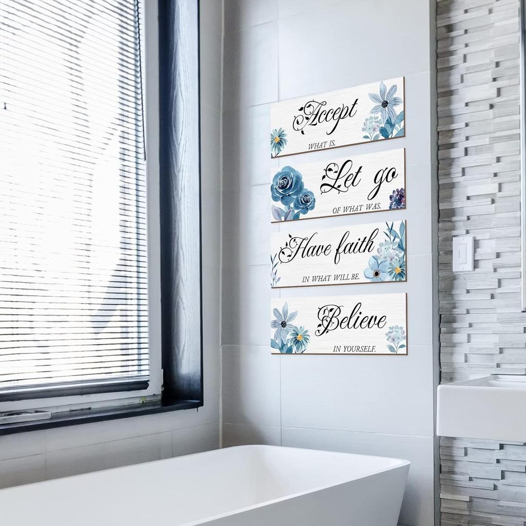 4 Pieces Blue Flower Wall Decor For Bedroom Accept Let Go Have Faith Believe Inspirational Wall Art Decorations for Living Room No Frame