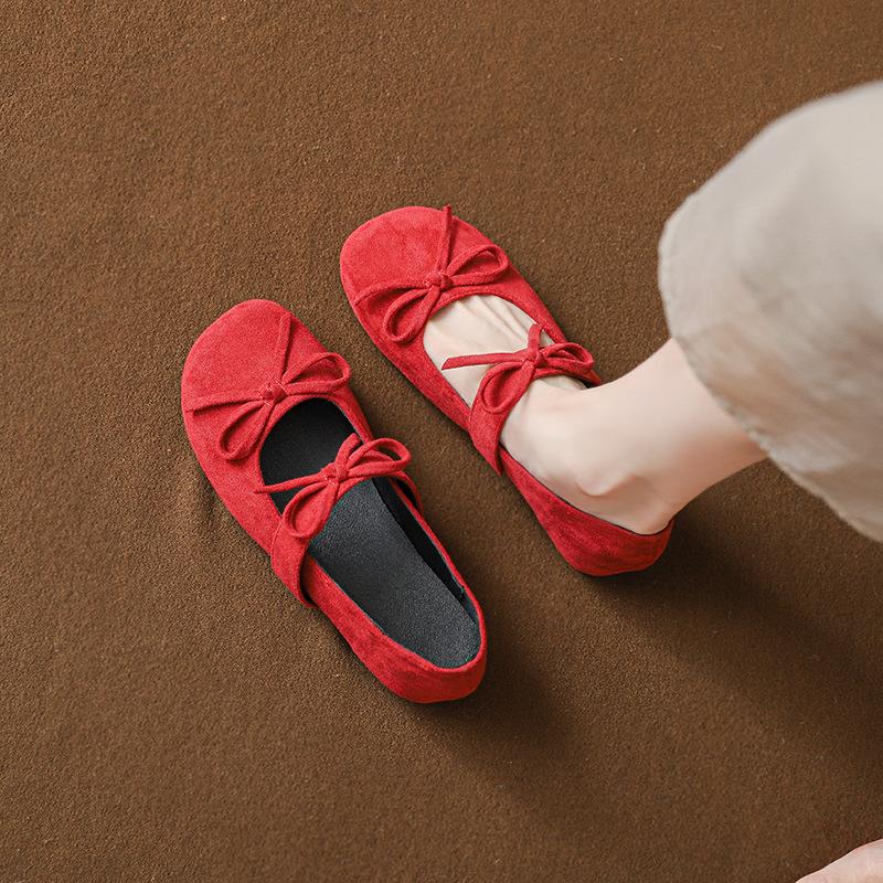 Bow red Mary Jane women's shoes summer and autumn 2025 new single shoes with skirts square head suede shallow mouth