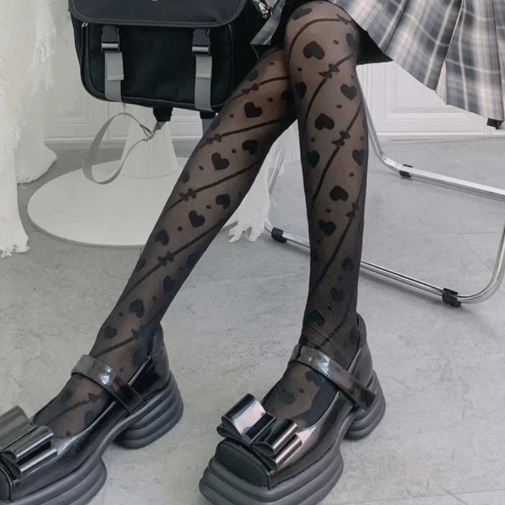 Transparent Heart Long Tights Ultra-thin Leggings Women Fashion Mesh Pantyhose Streetwear