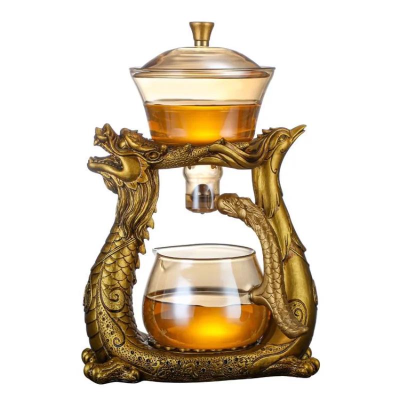 Transparent Semiautomatic Tea Pot Set with Dragon and Phoenix Auspicious Craftsmanship Suitable for Kung Fu