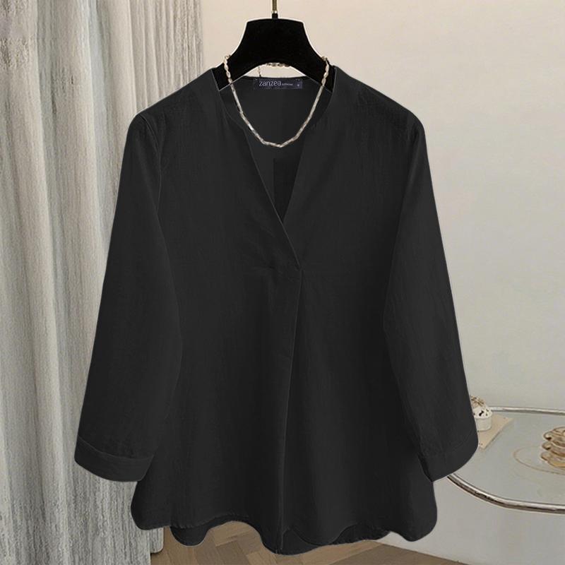 ZANZEA Women Casual V-Neck Solid Color Loose 3/4 Sleeve Cotton Blouse