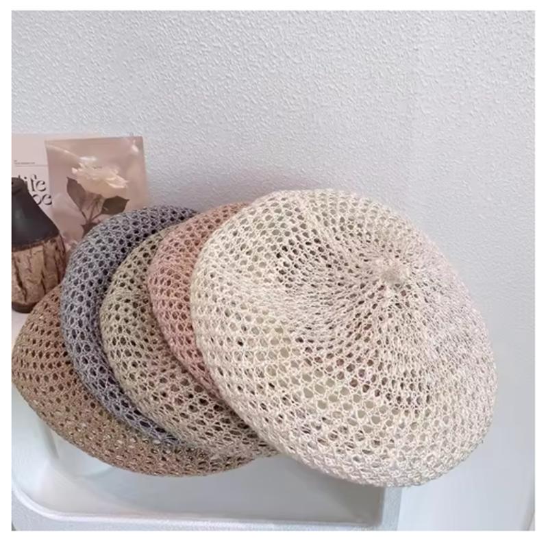 Japanische Einfarbige Helle Seide Hohl Gestrickte Baskenmütze Damen Frühling Sommer Dünnes Baumwollgarn Atmungsaktiv Malerhut Kürbis Hut