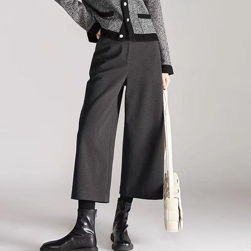 

Korean Style Elegant High Waist Bootcut Wool Blend Pants - Women s Autumn Winter Wide Leg Cropped Casual Pants M 96-105 lbs